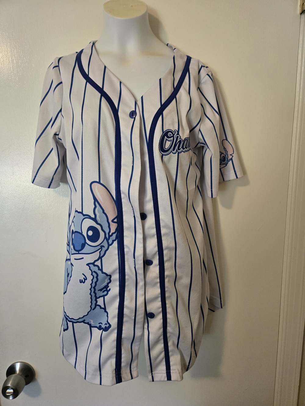 Ohana Stitch Striped Baseball Jersey - White & Blue